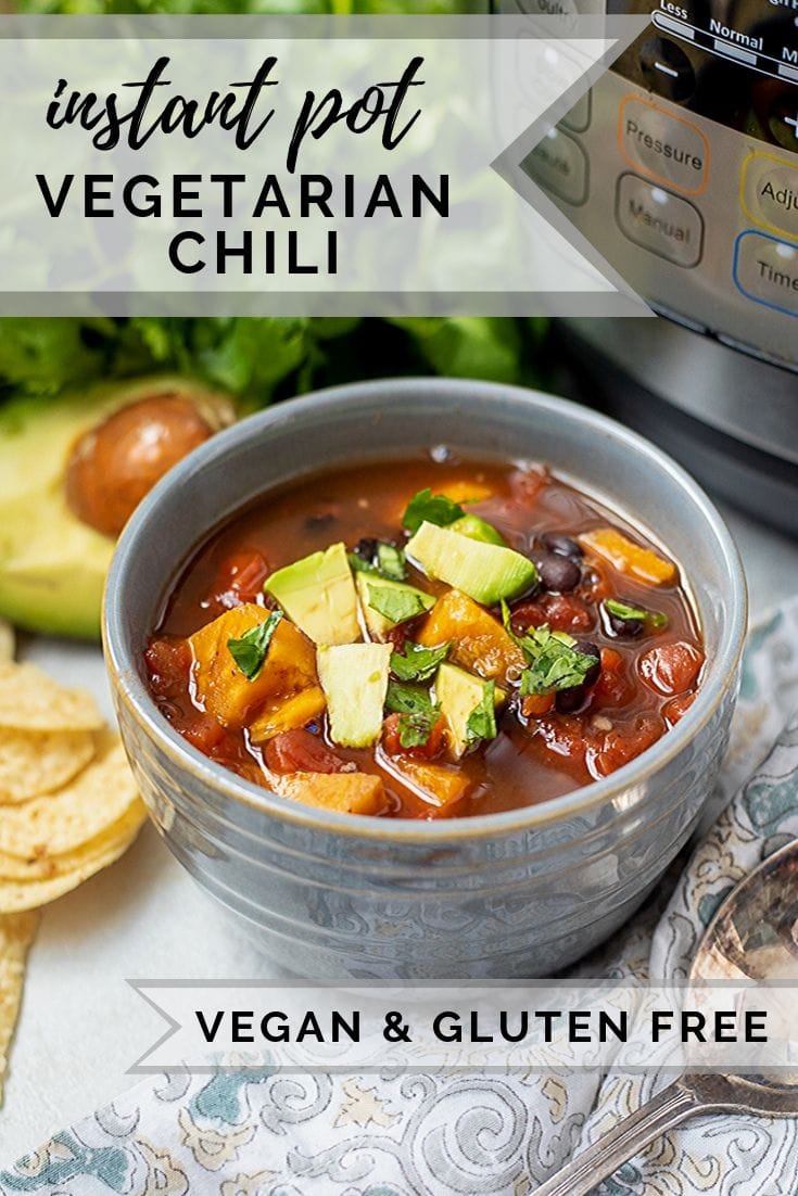 Instant Pot Vegetarian Chili is a hearty, healthy, vegan friendly recipe for chili that comes together in less than 30 minutes! This Vegan Chili recipe is made with sweet potatoes and black beans and is seasoned to perfection. Pressure cooker chili makes a great one pot meal and is gluten free, dairy-free, corn free, soy free, and hearty!