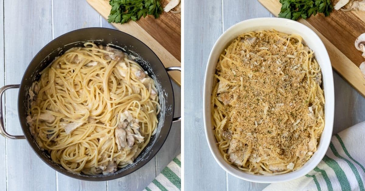 Side by side picture showing pan mixed with noodles and sauce and baking dish with assembled casserole. 
