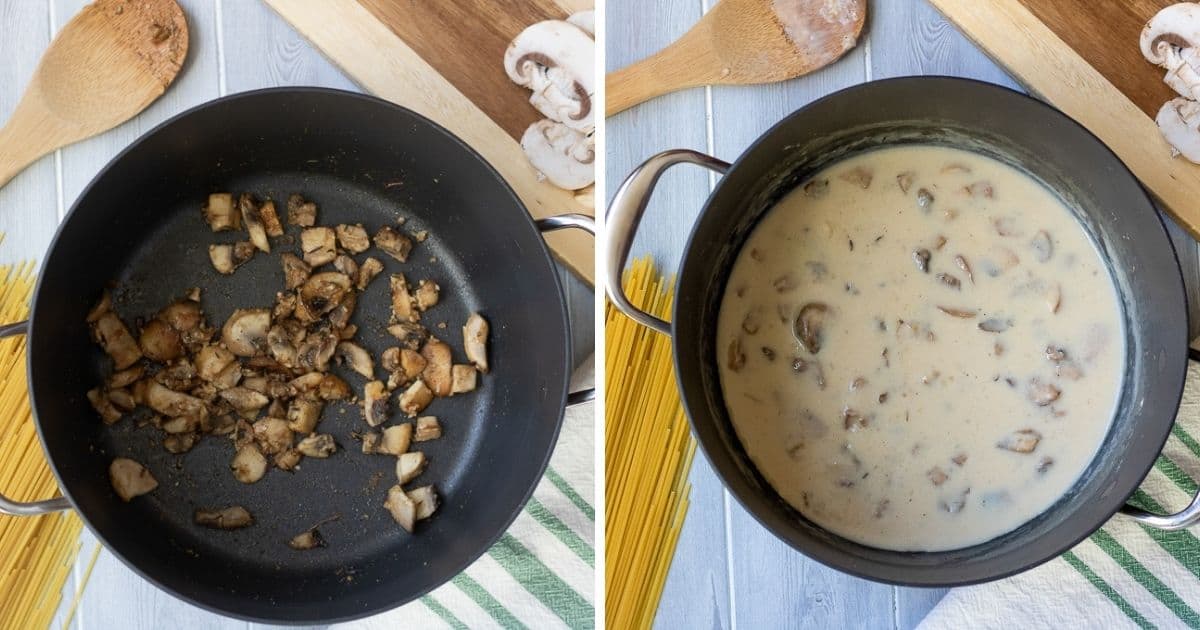 side by side photo of mushrooms in saucepan next to saucepan with cream sauce. 