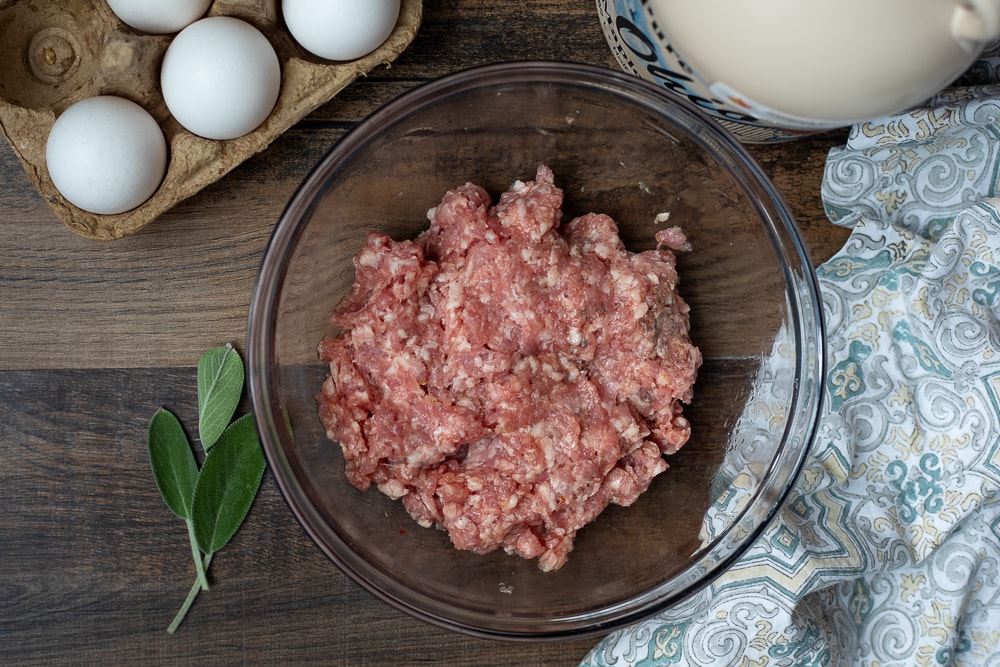 Raw Breakfast Sausage in mixing bowl.
