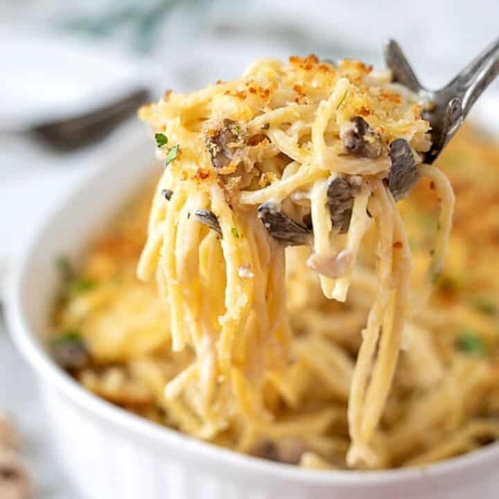 Spoonful of Turkey Tetrazzini on spoon coming out of casserole dish.