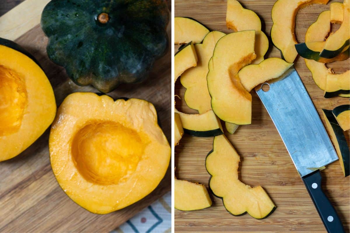 Side by side photos showing acorn squash cut in half and then cut into 1-inch thick crescent shapes. 