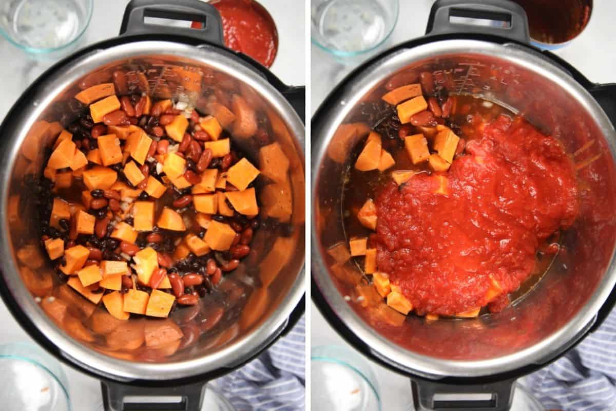 Side by side photo of the inner pot with sweet potato black bean chili.