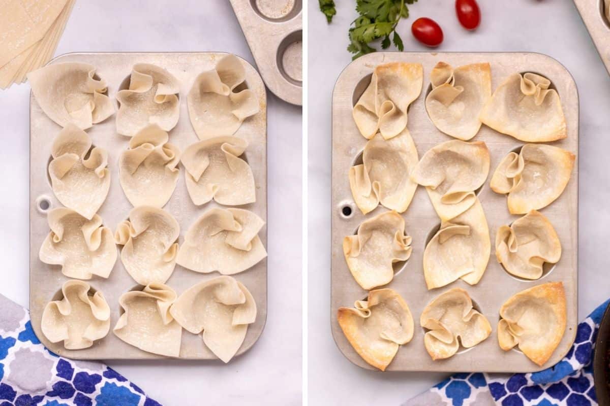 Side by side photos of wonton wrappers in muffin tin baked and unbaked. 