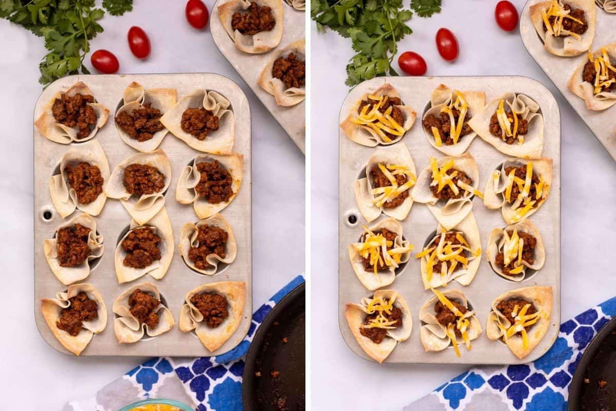 SIde by side photo of wonton tacos with meat and with meat and cheese.