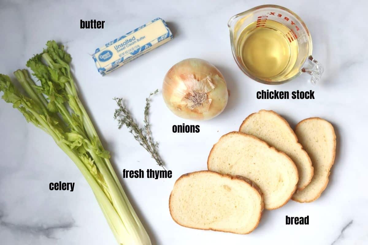 Ingredients for bread stuffing on counter. 