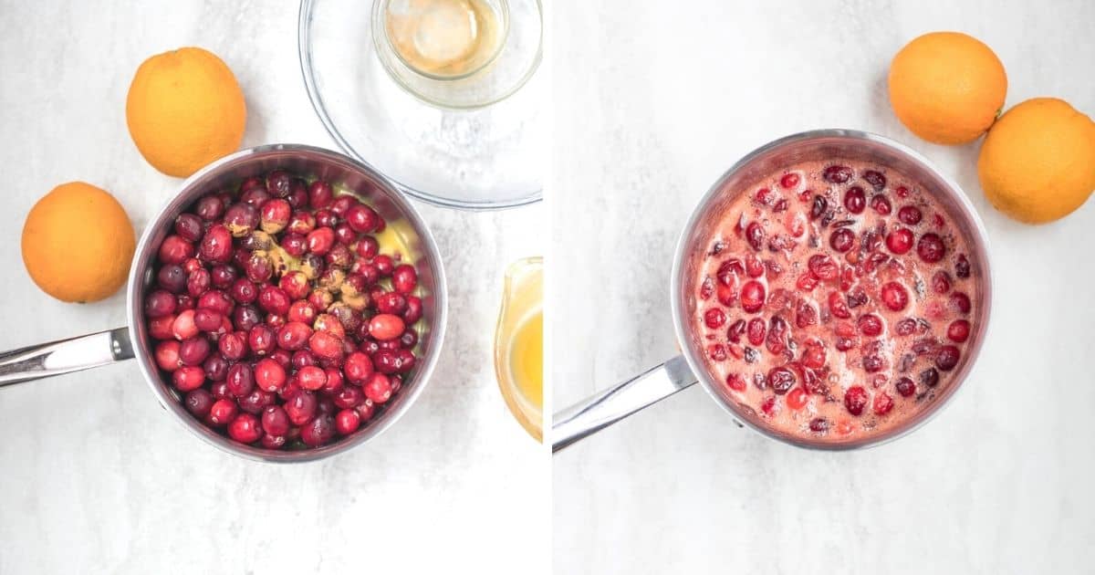 Side by side photos of making cranberry sauce. 