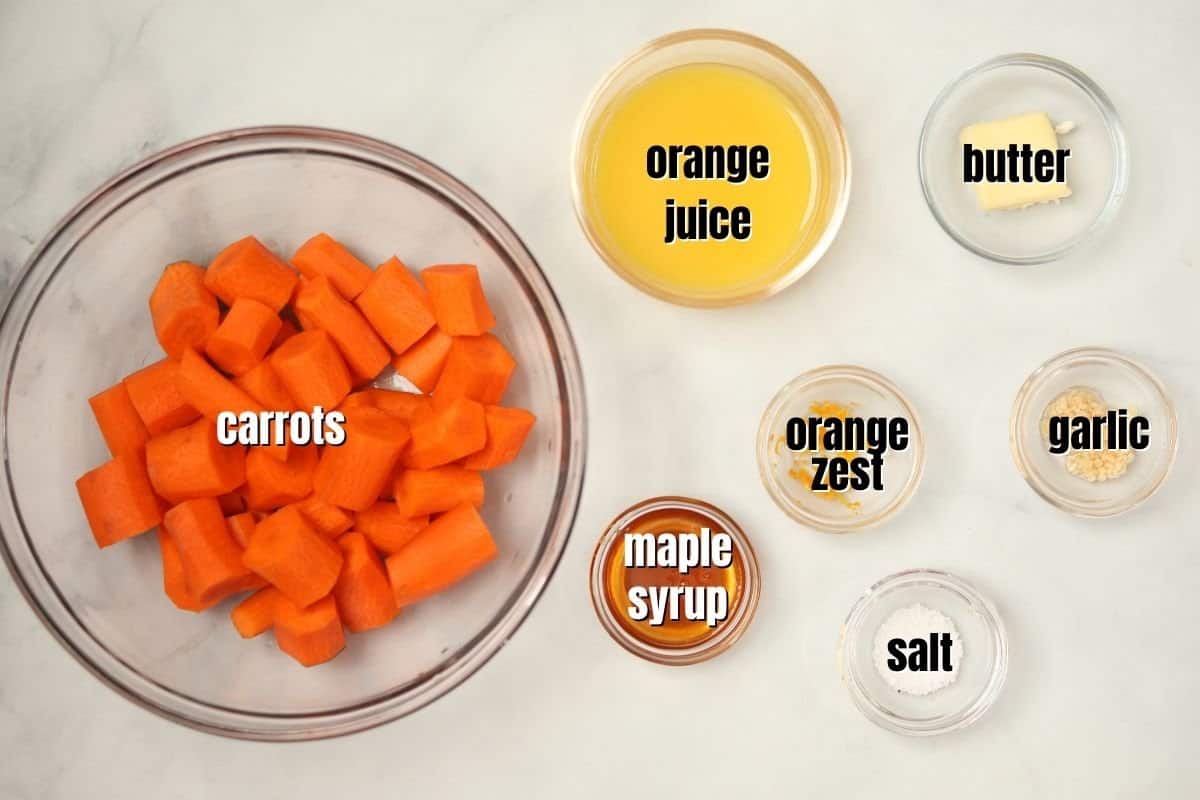 Ingredients for glazed carrots labeled on counter. 