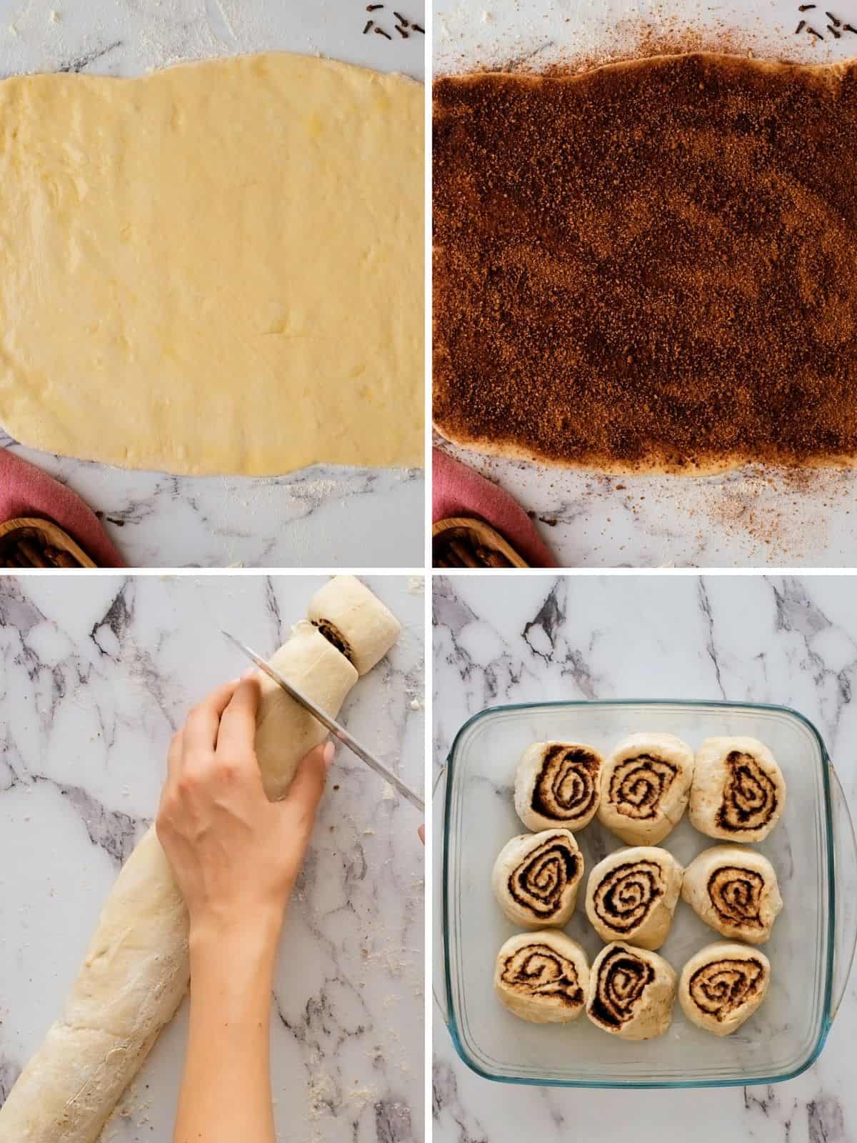 Collage of four photos showing bread dough rolled out to rectangle, topped with cinnamon sugar, and then rolled up in a log, and in baking dish. 