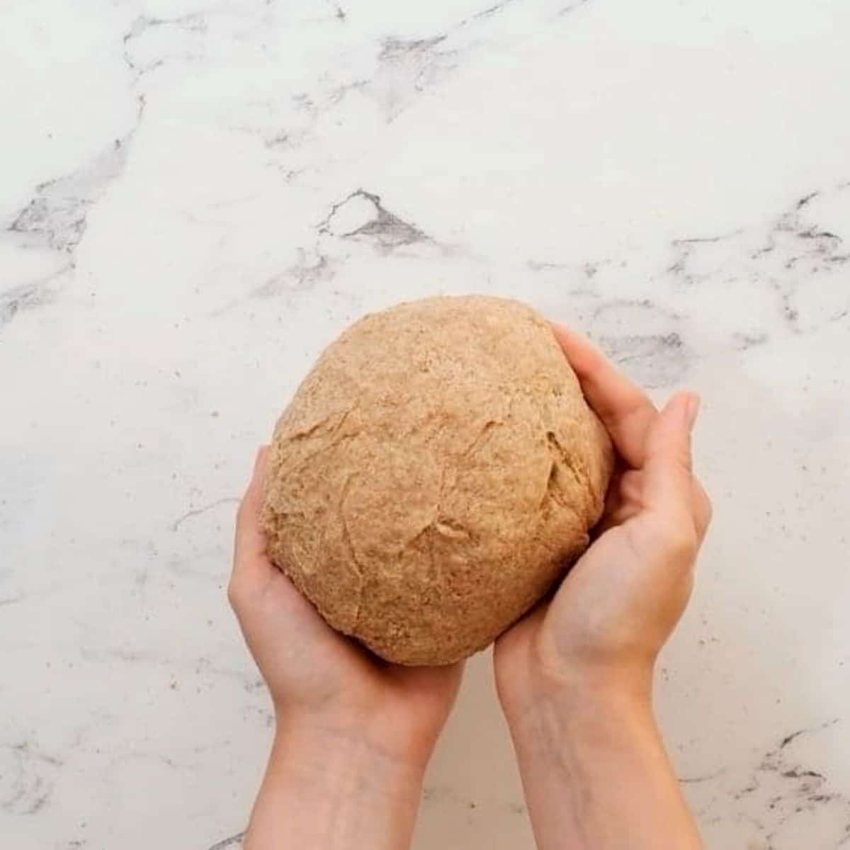 Ball of whhole wheat dough in ball in hands. 