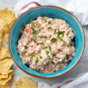 Cream Cheese Sausage Dip in bright blue with chips next to bowl