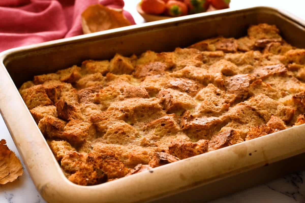 Baked French Toast Casserole in baking dish.