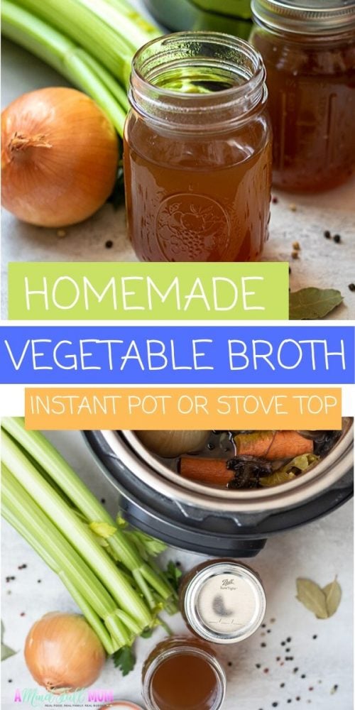 Stop wasting money buying vegetable stock! You can make Homemade Vegetable Broth for pennies at home that is so much more flavorful than anything you purchase! This is the BEST recipe for Homemade Vegetable Broth and can be made on the stove top, in the Instant Pot, and even the slow cooker.  It is perfect for plant based recipes and vegetarian recipes. 