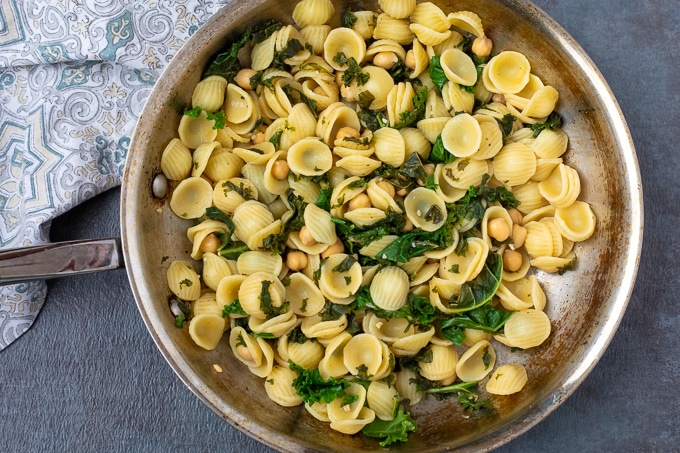 Saute pan with pasta, kale and chickpeas