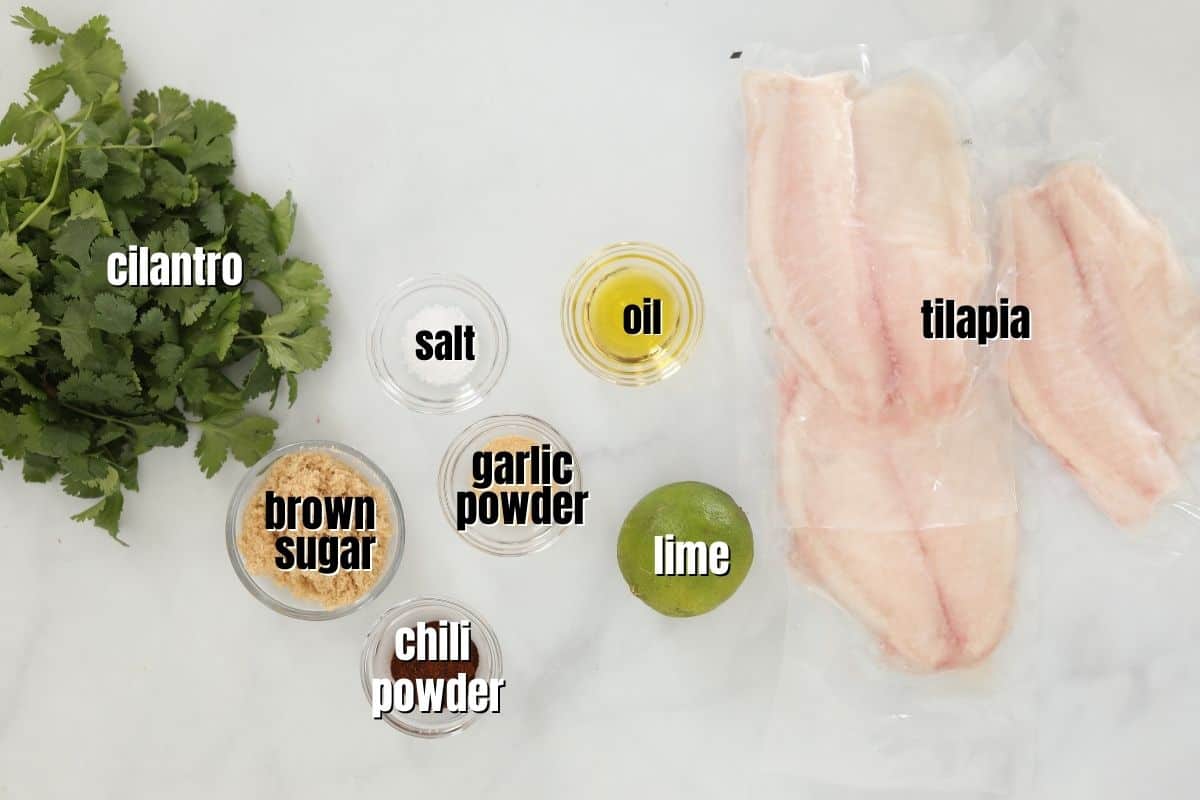 Ingredients for Chili Rubbed Tilapia labeled on counter. 