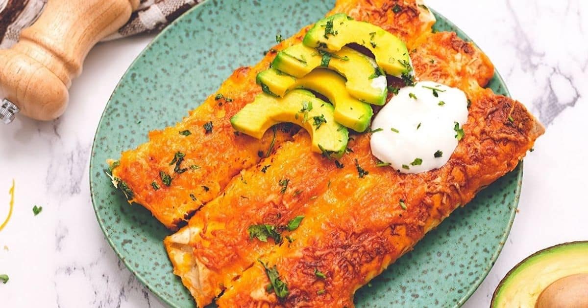 Plated chicken enchiladas topped with sour cream and sliced avocado. 