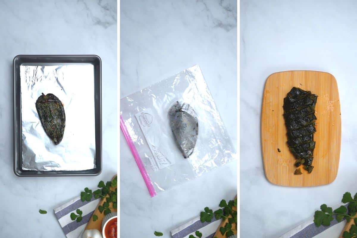 3 photos showing charred pepper, pepper in sandwich bag, and chopped on a cutting board.