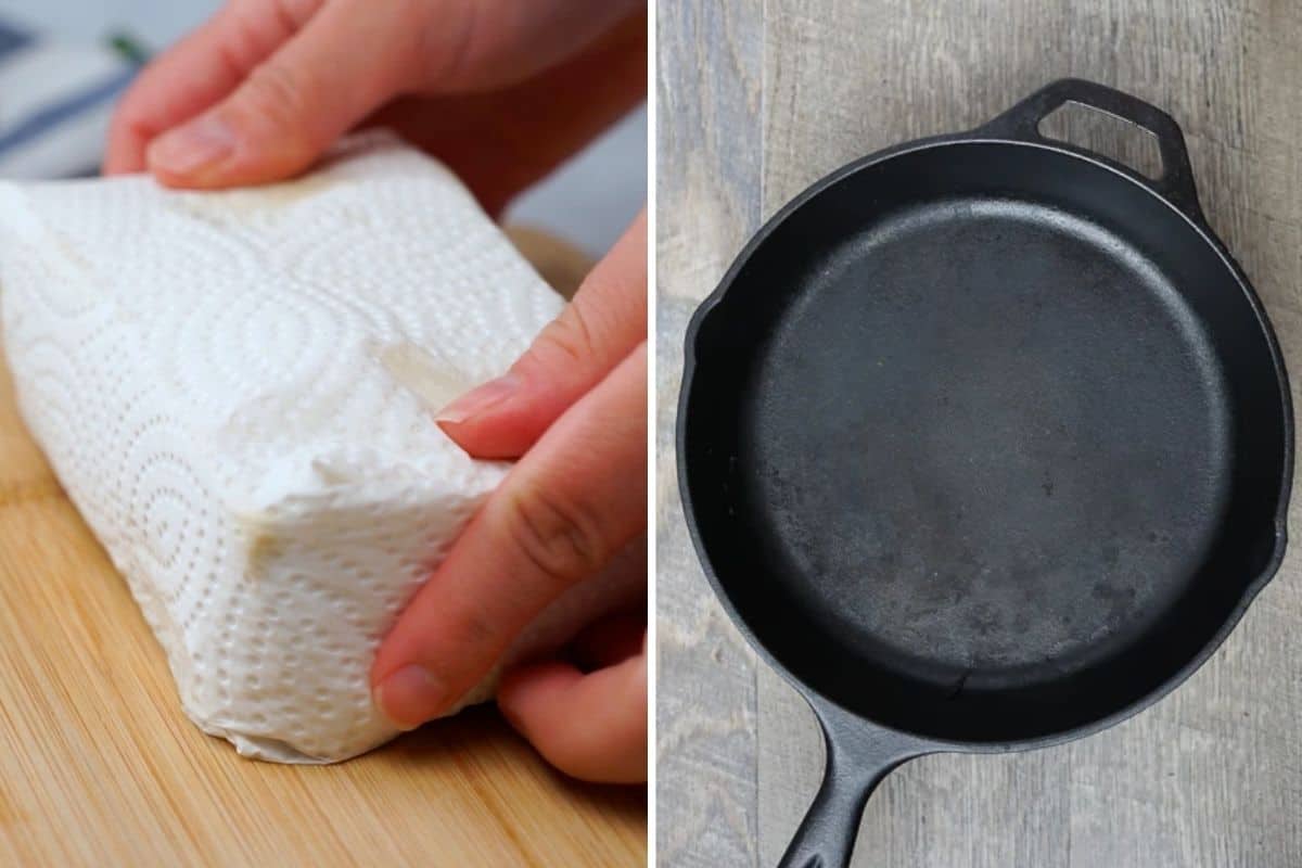 Side by side photo of wrappying tofu and then pressing with a cast iron skillet.