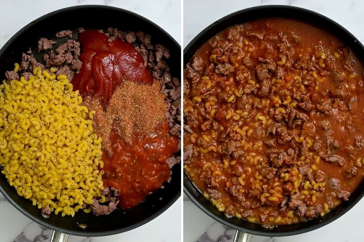 Side by side photo of ingredients being added to skillet before and after mixing. 