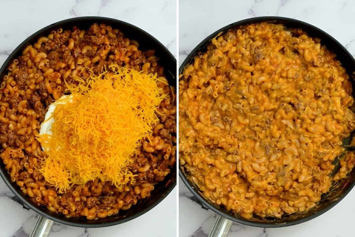 Side by side photo of adding cheese and sour cream to skillet for taco pasta. 