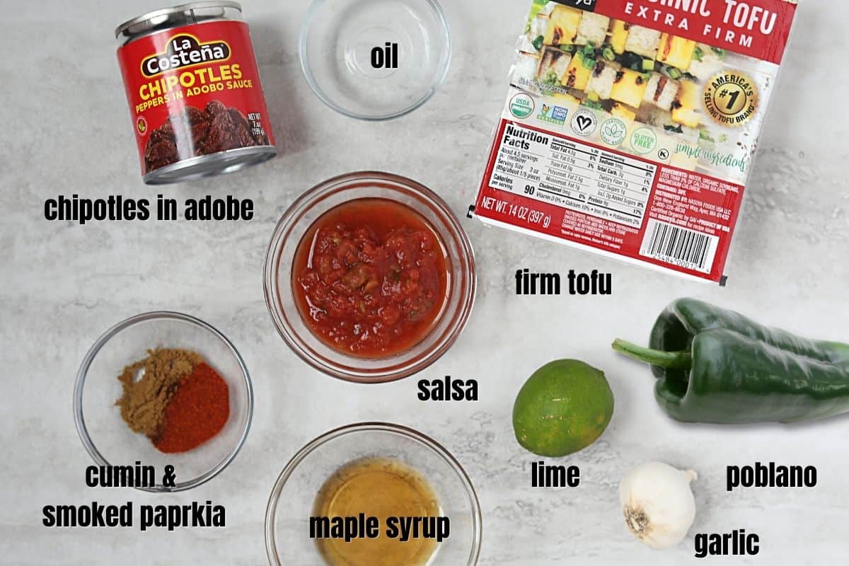 Ingredients for sofritas labeled on counter. 