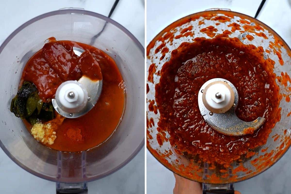 Side by side photo of sofritas sauce before and after blending in food processor. 
