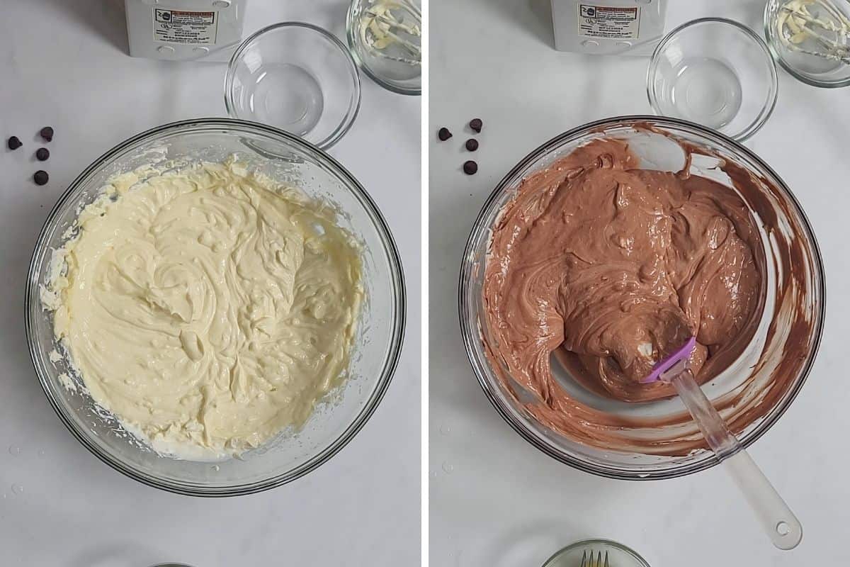 Side by side photo showing Batter for Instant Pot Chocolate Cheesecake before and after adding chocolate.
