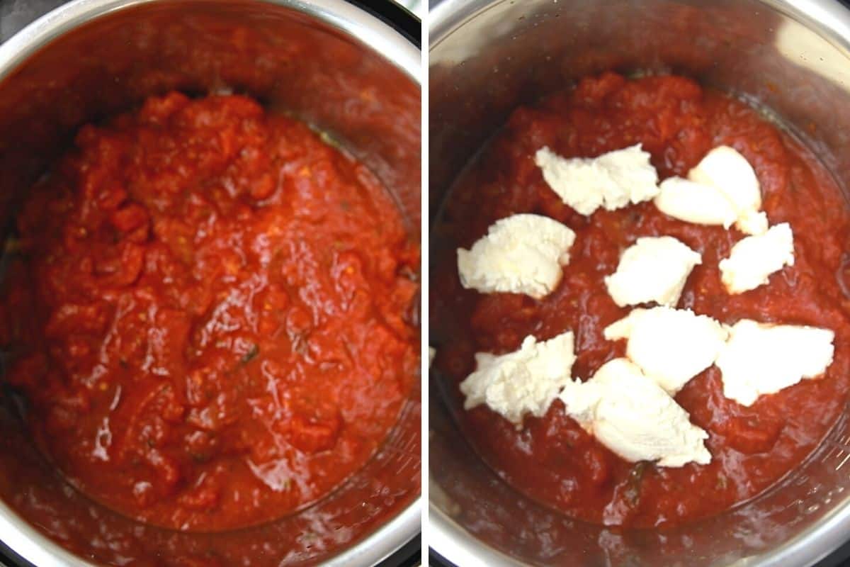 Pasta covered with spaghetti sauce and dolloped with ricotta cheese in instant pot. 