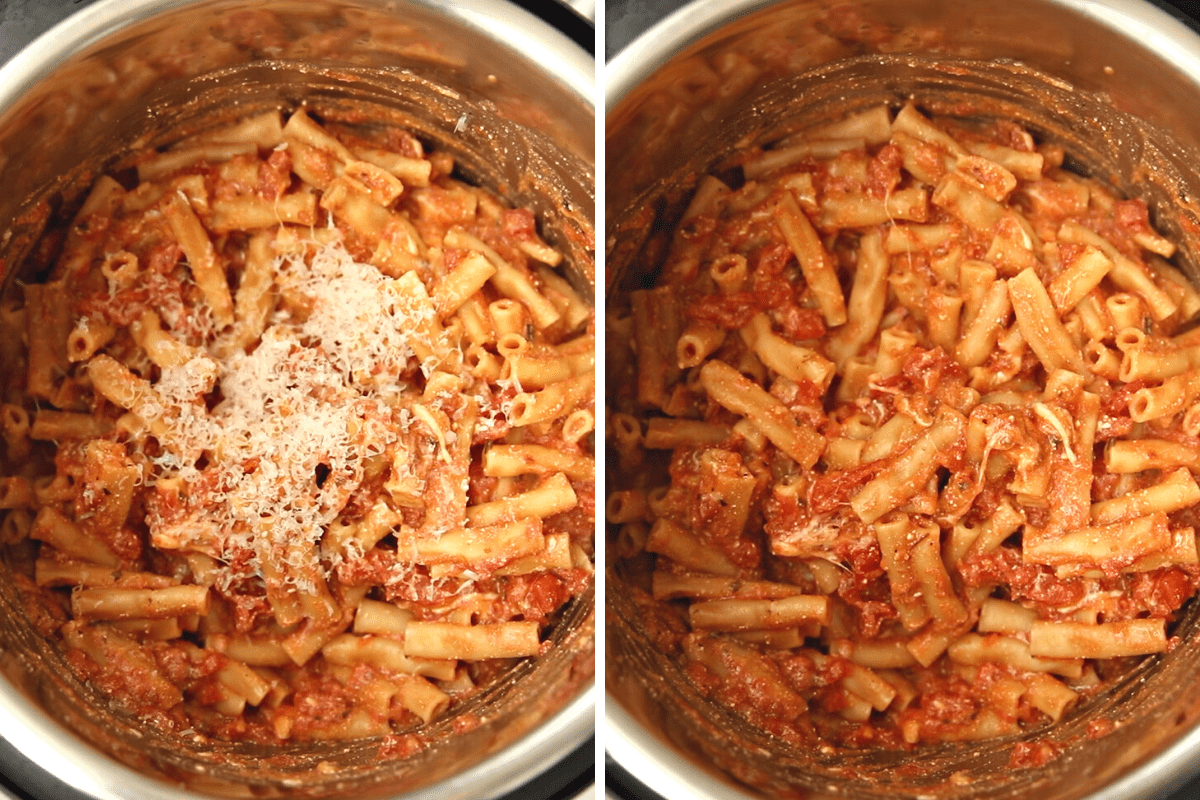 Side by side photo of ziti in instant pot before and after cheese melts over pasta. 