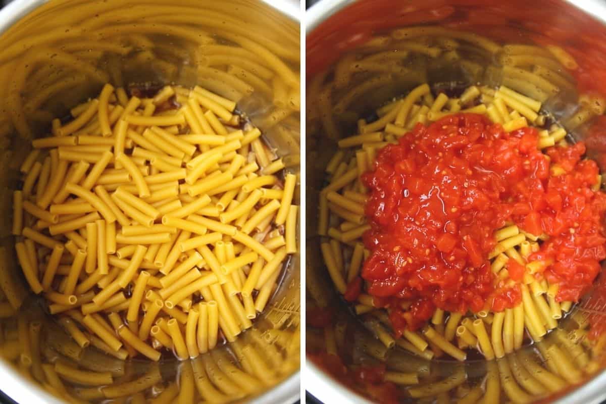 Side by side photo of pasta in inner pot with and without diced tomatoes. 