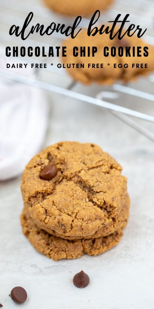 These healthier Chocolate Chip Cookies are dairy-free, flourless, and absolutely delicious! Made with almond butter, these flourless chocolate chip cookies are soft, gooey, rich and satisfying! Whether you are in search of a flourless cookie, a dairy-free cookie, an egg-free cookie, or just a delicious cookie, these Almond Butter Chocolate Chip Cookies will satisfy your craving! They are an easy gluten-free dessert to bake up today!