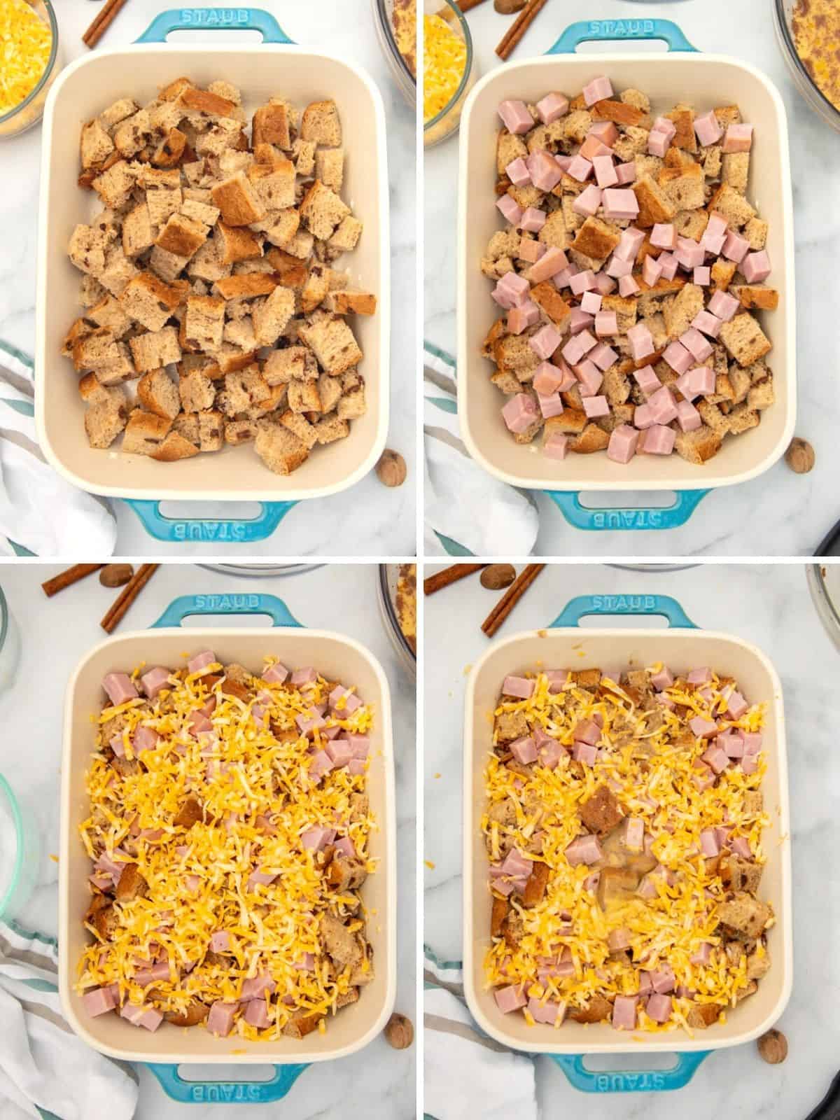 Collage of 4 pictures showing steps of layering bread, ham, cheese, and eggs in casserole dish. 