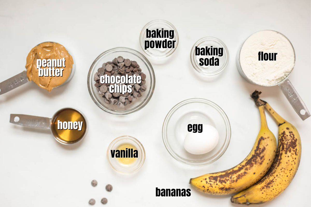 Ingredients for banana bars labeled on counter.