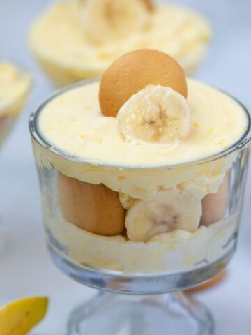 Banana Pudding with vanilla wafers layered in mini trifle dish