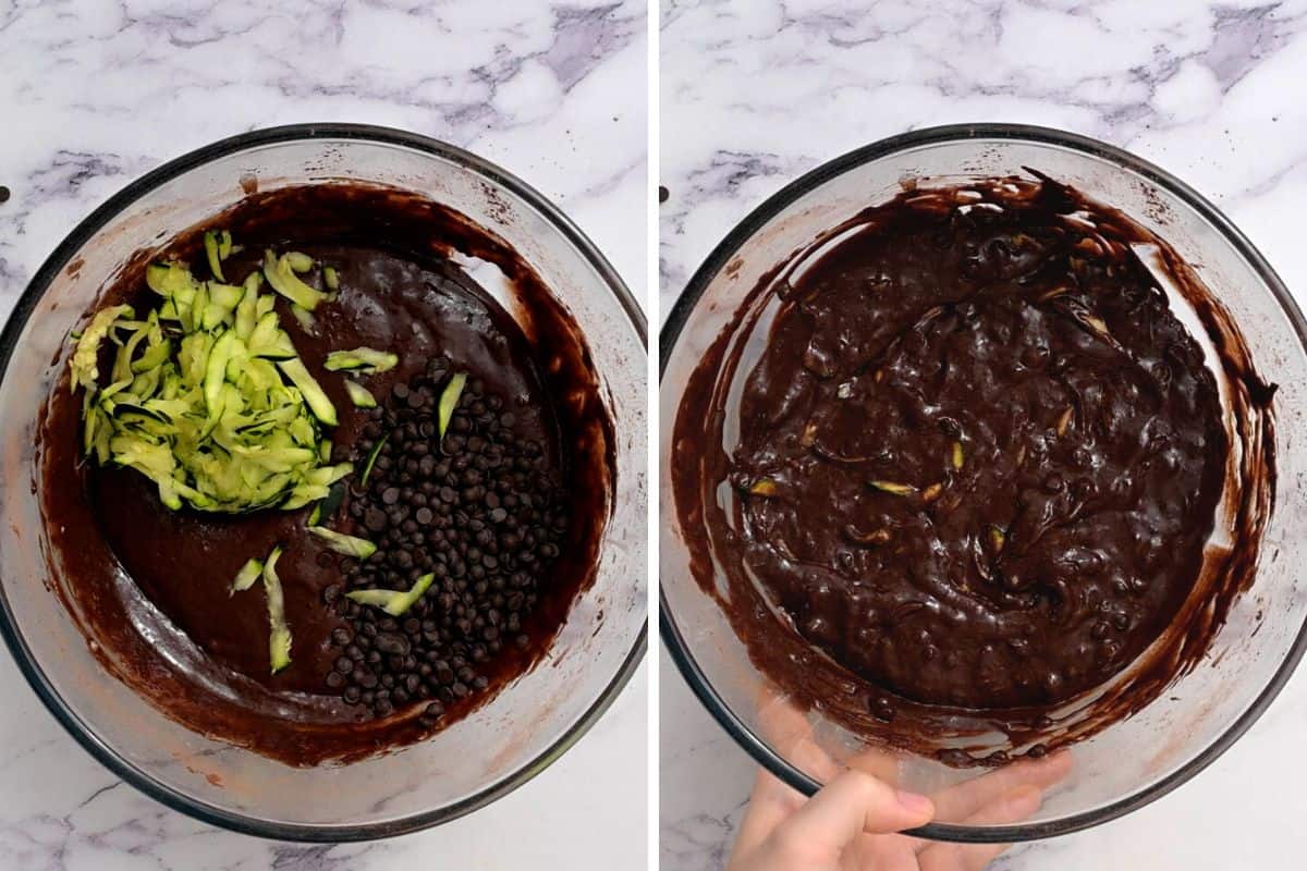 Side by side photo showing muffin batter before and after adding zucchini and chocolate chips.