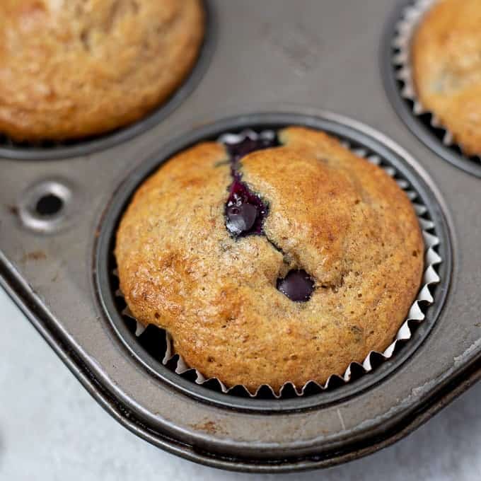 Close up of Blueberry Muffin in sliver muffin tin.