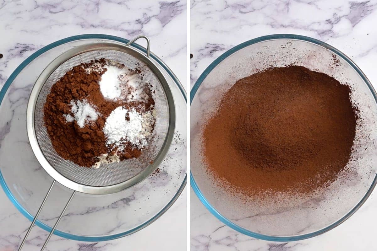 Side by side bowl showing dry ingredients before and after sifting.