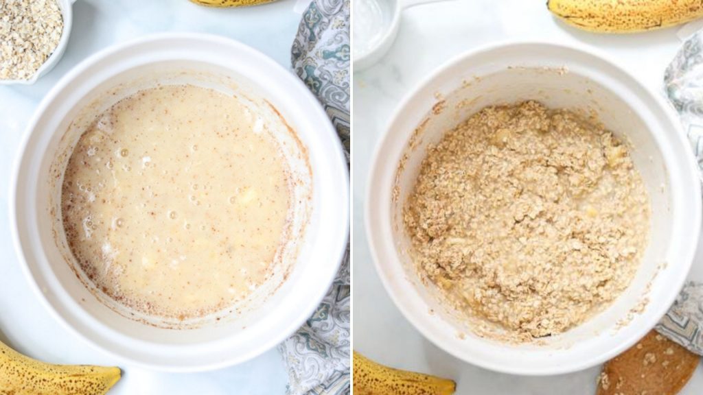 Side by side picture of steps of mixing oatmeal