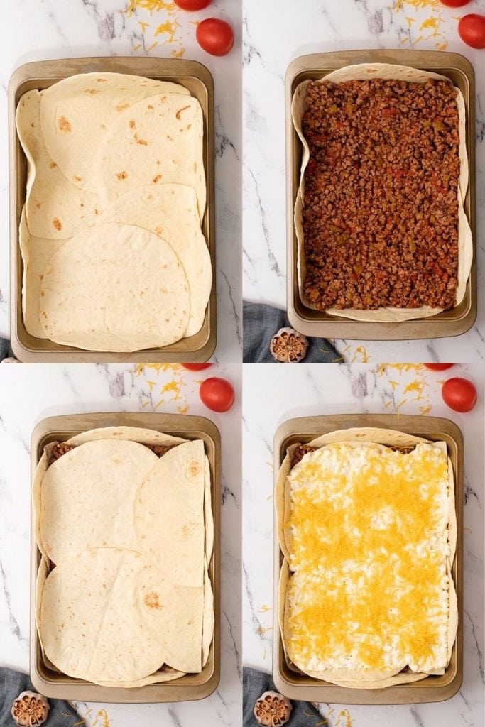 Collage of Steps to Layering Mexican Lasagna