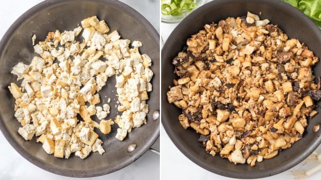 Skillet with golden sauteed tofu in skillet next to skillet with tofu and mushroom mixture