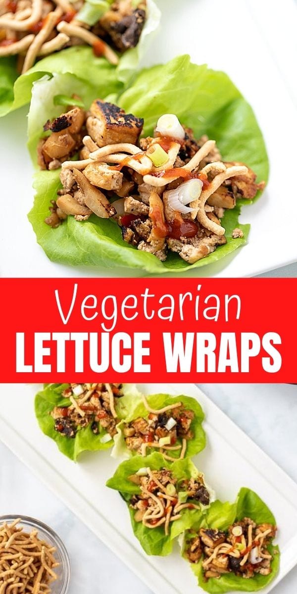 This Lettuce Wrap Recipe is a vegetarian copycat of a restaurant favorite. A mixture of seared tofu and mushrooms, are seasoned with a delicious Asian sauce and then served in fresh lettuce. These Vegan-Friendly lettuce wraps are approved by carnivores and come together super quickly!