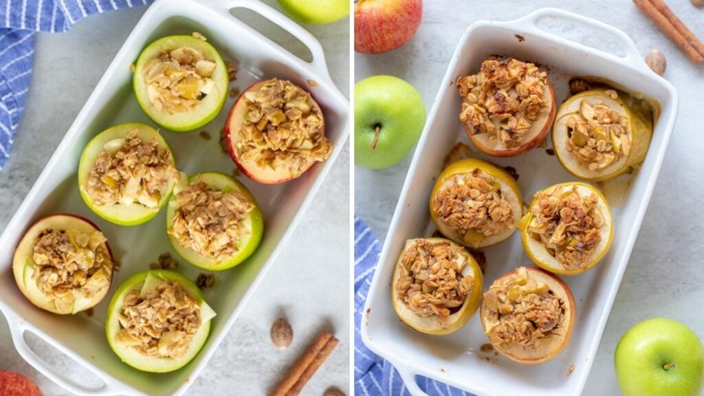Side by side pictures of stuffed apples before and after baking.