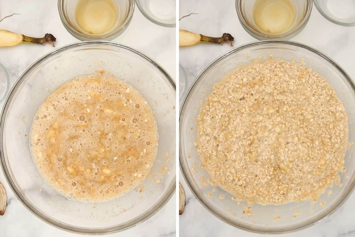 Side by side photo of baked banana oatmeal batter before and after adding soaked oats.