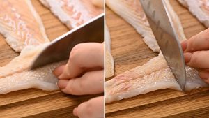 Side by side pictures of fish being cut into strips