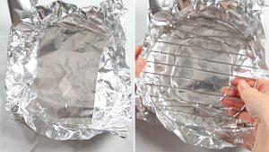 Side by side picture of forming foil boat around rack for instant pot