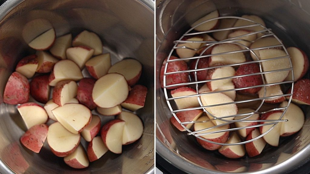 Side by side photo of potatoes in inner pot of instant pot one with rack one without