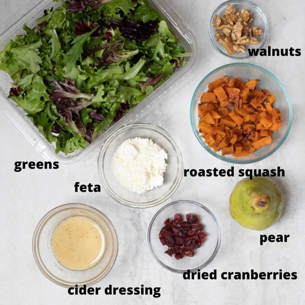 Ingredients for Fall Salad labeled on white counter