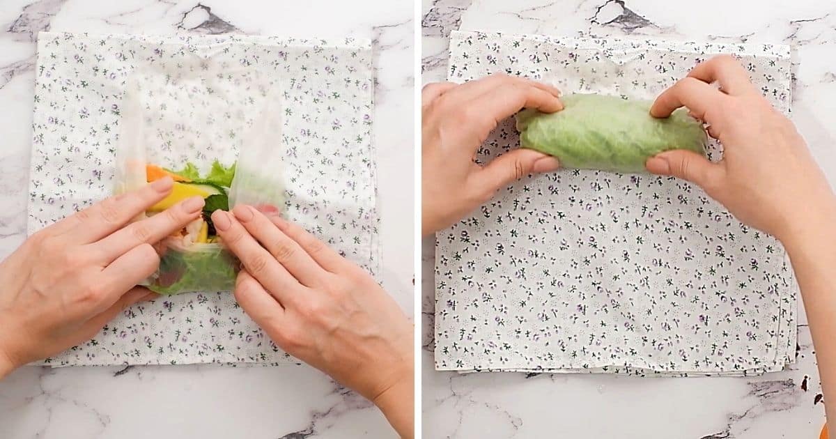 Side by side photo of how to roll spring roll. 