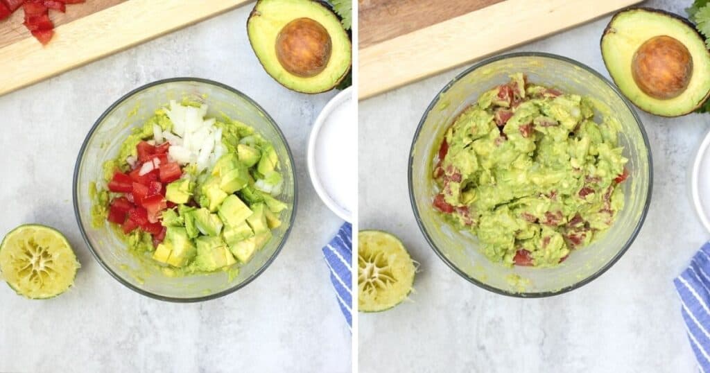 Picture of ingredients for guacamole in bowl then picture of it mixed together.