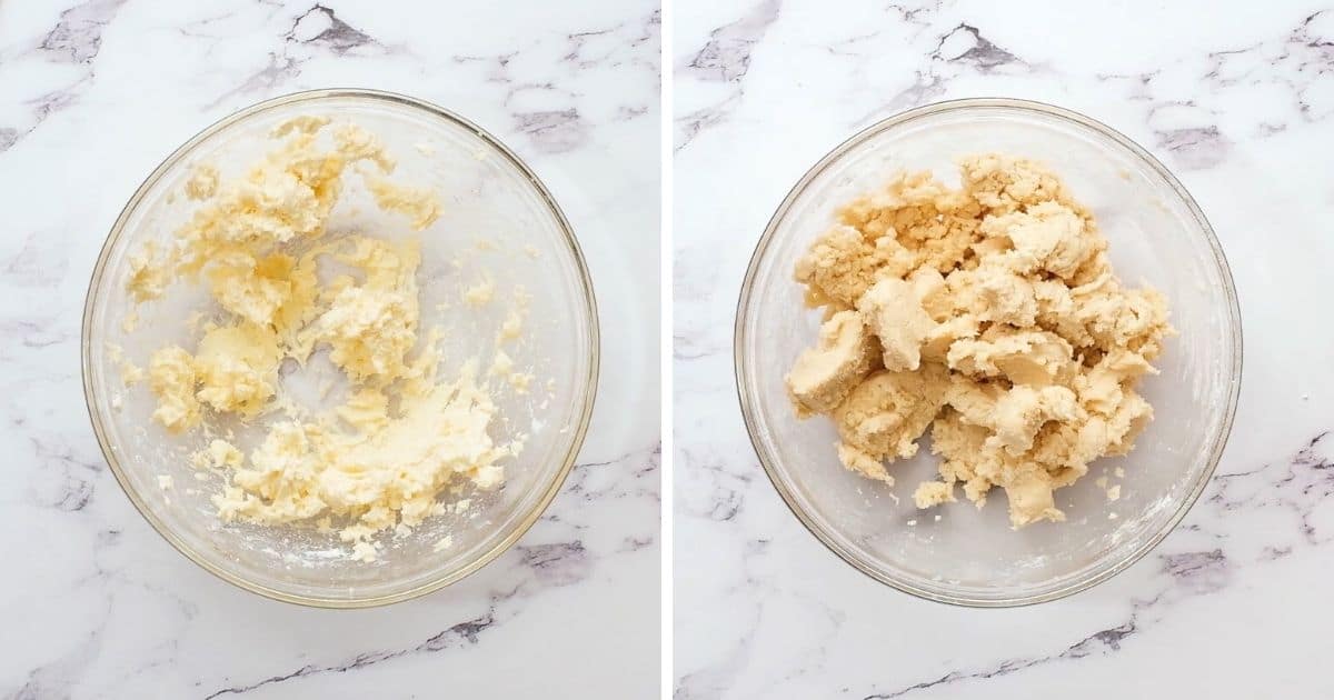 2 photos showing steps creaming butter and mixing the flour into the cookie dough. 